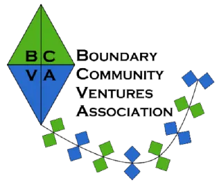 Boundary Community Ventures Association logo with a blue and green kite flying around black lettering on a white background.