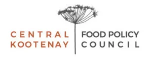 Logo of the Central Kootenay Food Policy Council featuring a dandelion that's gone to seed, with a white background and gunmetal and orange text.