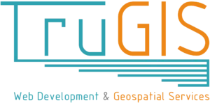 TruGIS Web & Geospatial Services logo with teal and orange lettering against a transparent background.