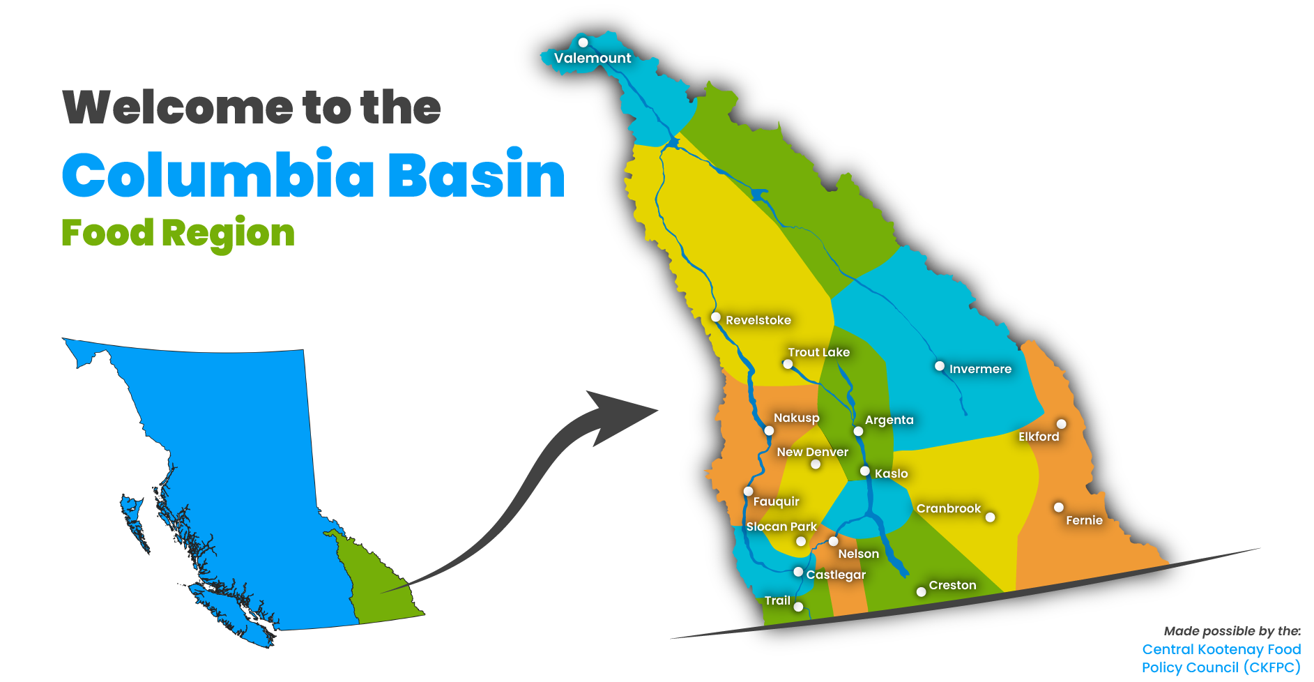 Map of Columbia Basin Food Region highlighting various towns and food production areas, supported by Central Kootenay Food Policy Council.