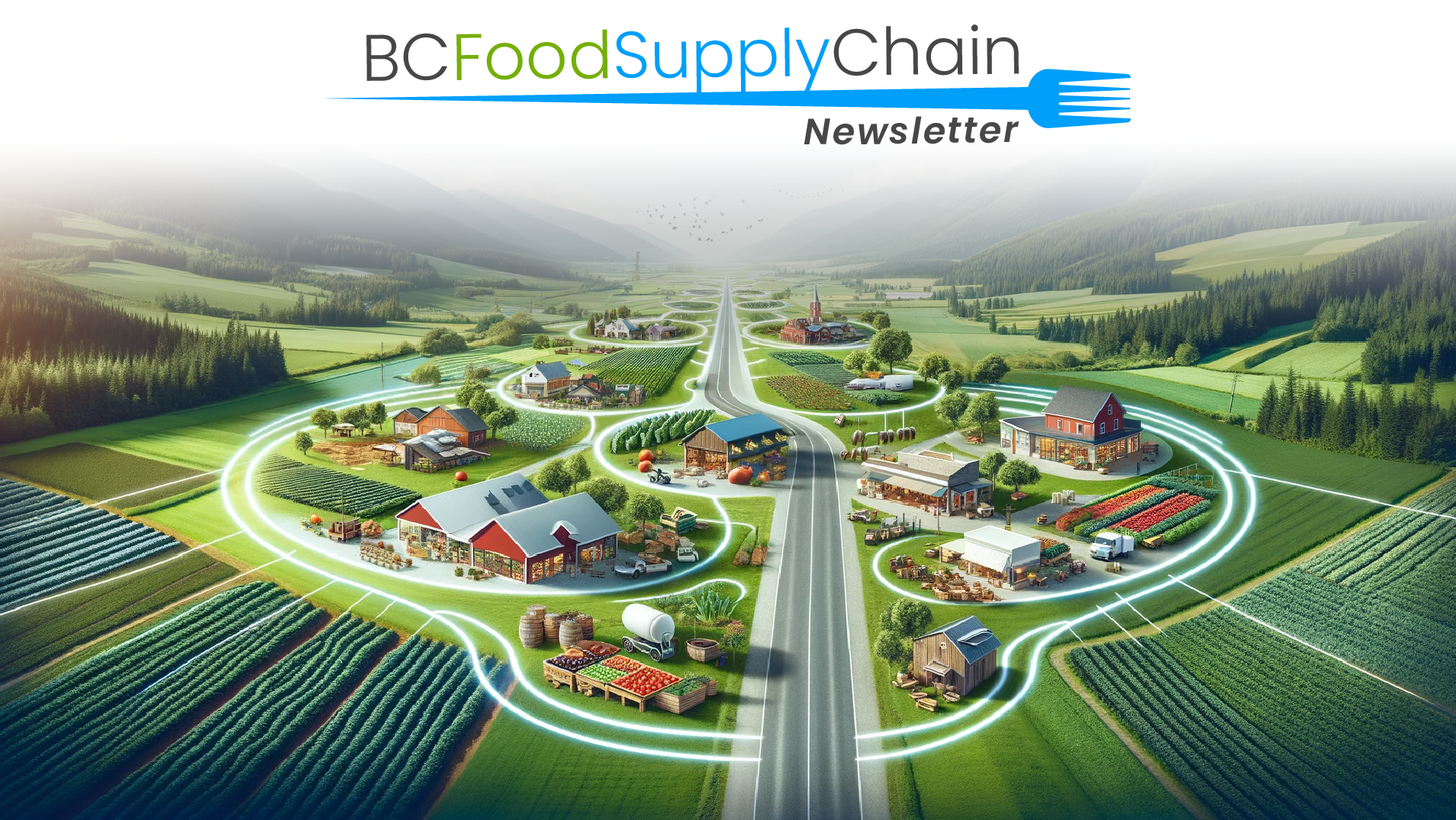 Cover of BC Food Supply Chain Newsletter Volume 1, Issue 1, featuring an illustrative aerial view of interconnected farms and distribution networks in a lush green valley.